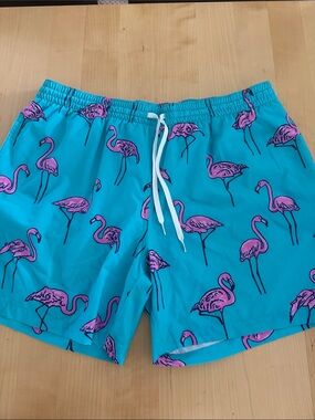 chubbies Turquoise Swim Trunks with Pink Flamingo Print